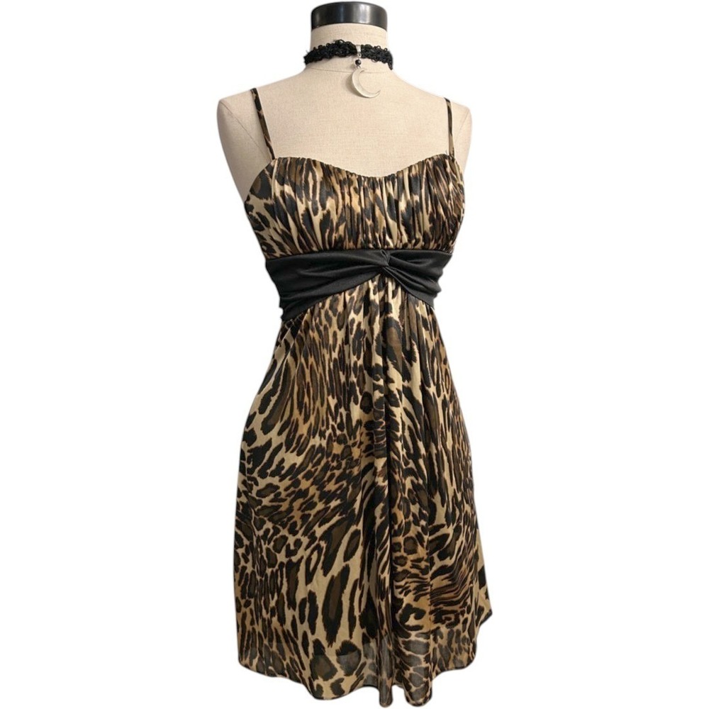 Vintage Y2K Going out Leopard Print Mini Dress Brown Black XSmall Sexy Clubing